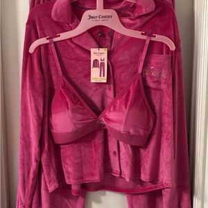 NWT Juicy Couture Fuchsia pink Velvet velour 3- piece Pajama Set XL rhinestones